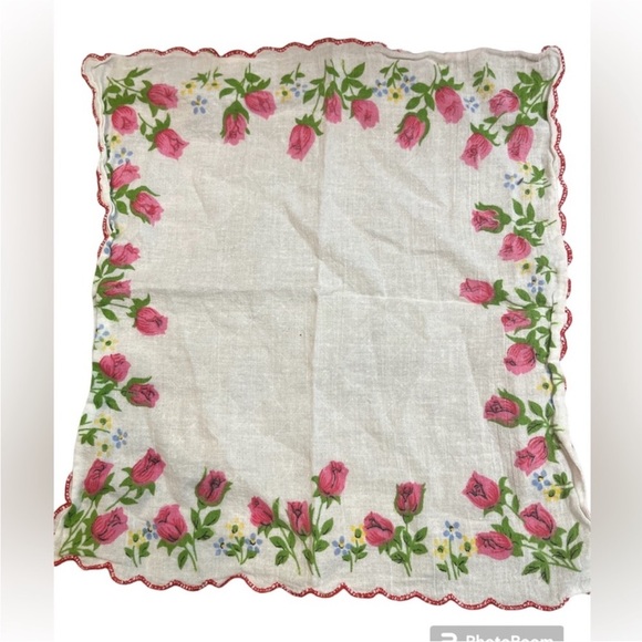 unbranded Accessories - RARE VINTAGE white handkerchief floral pink roses and green vine EUC dainty